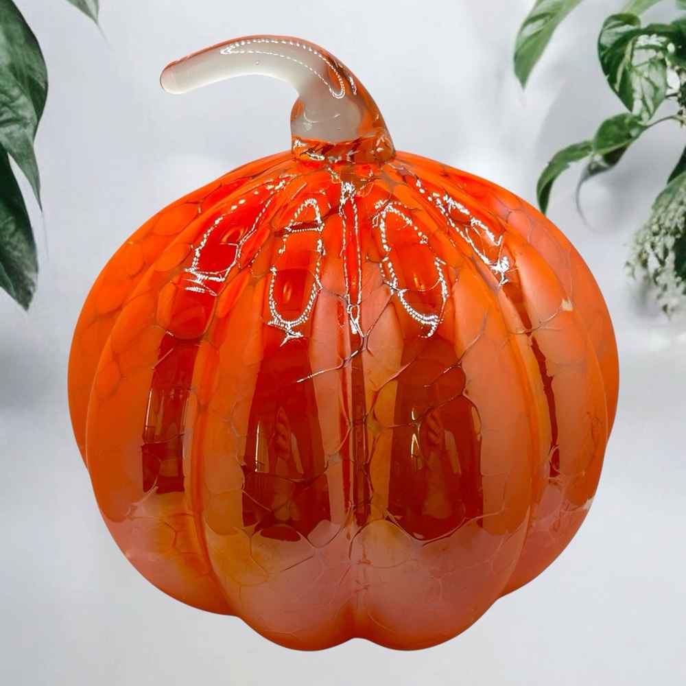 Blown Glass Pumpkin Sculpture Orange Fall Decor Halloween Harvest 8”